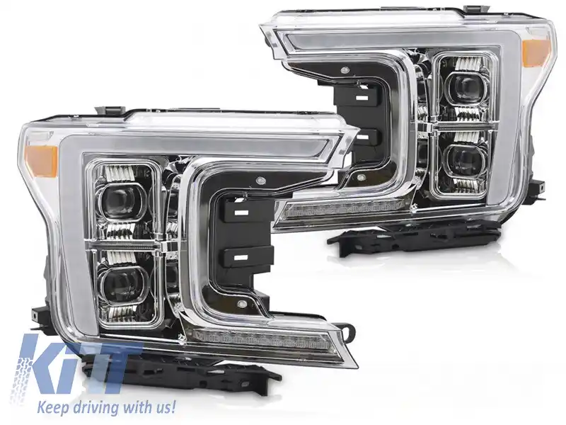 Set de faruri LED de tuning potrivit pentru Ford F150 2017-2020 cu bază cromată, cu semnalizatoare dinamice, stânga și dreapta