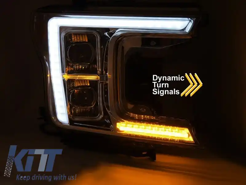 Set de faruri LED de tuning potrivit pentru Ford F150 2017-2020 cu bază cromată, cu semnalizatoare dinamice, stânga și dreapta-image-6238450