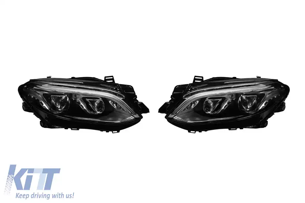 Set de faruri LED de tuning potrivit pentru Mercedes ML 2012-2015, carcasă neagră, potrivit pentru modelele cu faruri Xenon și conversie de bara de protecție stil GLE 63