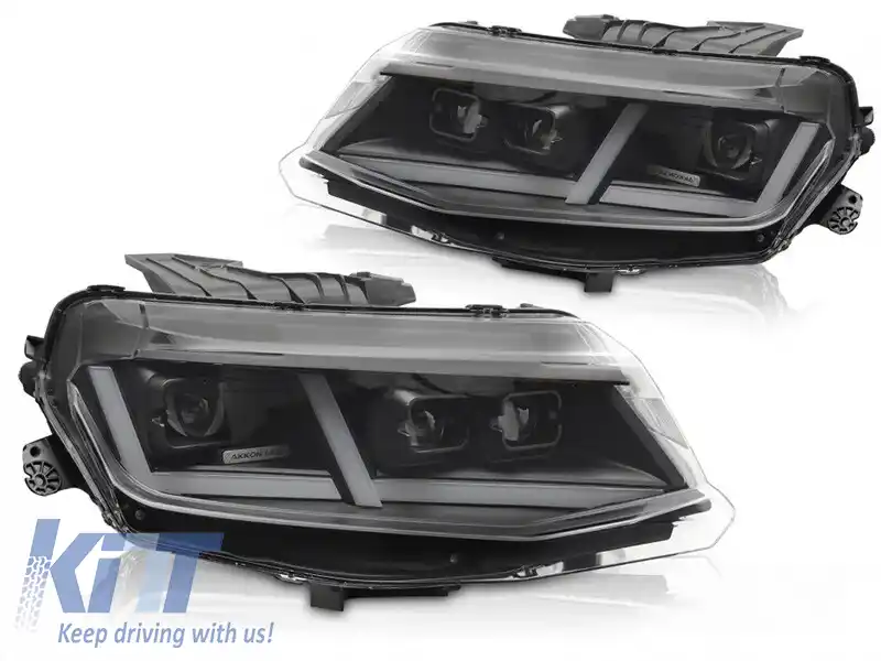 Set de faruri LED de tuning potrivit pentru Chevrolet Camaro 2016-2018 cu bază neagră, cu semnalizatoare dinamice, pentru modelul cu lumini DRL de fabrică, stânga și dreapta