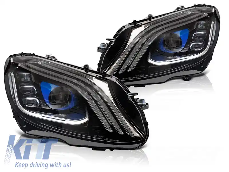 Set de faruri LED de tuning potrivit pentru Mercedes C-Class W205 sedan, S205 break 2014-2021 cu bază neagră, cu semnalizatoare dinamice, cu funcția 
