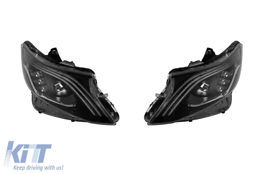 Set de faruri LED de tuning potrivit pentru Mercedes V-Class W447 Vito 2014-2023 cu bază neagră, pentru modelul cu lumini halogen de fabrică fără AFS, stânga și dreapta