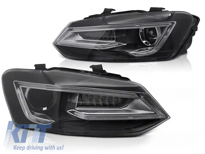 Set de faruri LED de tuning potrivit pentru Volkswagen Polo 2009-2017 cu bază neagră, pentru modelul cu faruri halogen din fabrică, cu semnalizatoare dinamice, stânga și dreapta