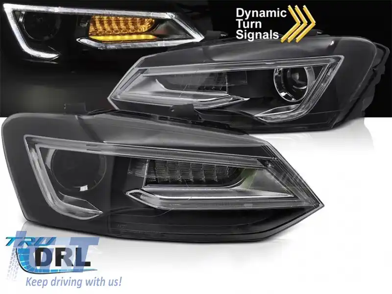 Set de faruri LED de tuning potrivit pentru Volkswagen Polo 2009-2017 cu bază neagră, pentru modelul cu faruri halogen din fabrică, cu semnalizatoare dinamice, stânga și dreapta-image-6238779