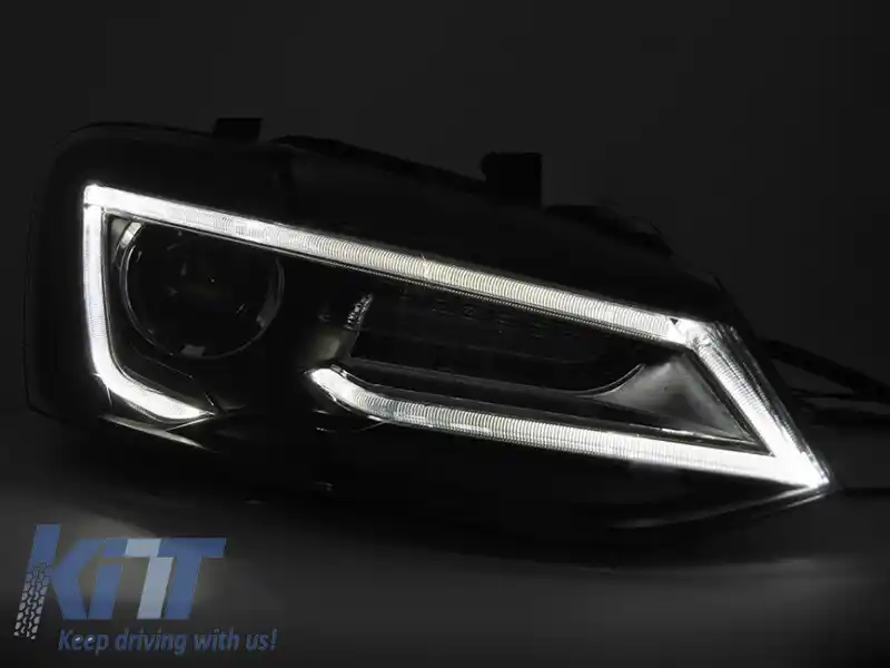 Set de faruri LED de tuning potrivit pentru Volkswagen Polo 2009-2017 cu bază neagră, pentru modelul cu faruri halogen din fabrică, cu semnalizatoare dinamice, stânga și dreapta-image-6238780