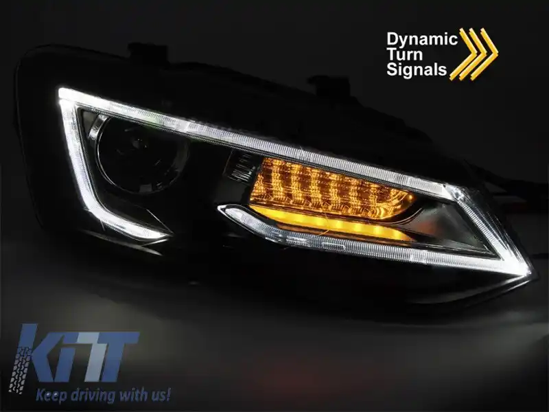Set de faruri LED de tuning potrivit pentru Volkswagen Polo 2009-2017 cu bază neagră, pentru modelul cu faruri halogen din fabrică, cu semnalizatoare dinamice, stânga și dreapta-image-6238781