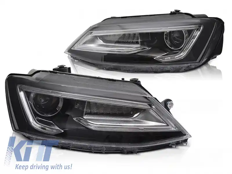 Set de faruri LED de tuning potrivit pentru Volkswagen Jetta 2011-2018 cu bază neagră, pentru modelul cu lumini halogen din fabrică, cu semnale de întoarcere dinamice, stânga și dreapta