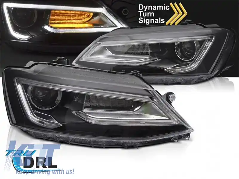 Set de faruri LED de tuning potrivit pentru Volkswagen Jetta 2011-2018 cu bază neagră, pentru modelul cu lumini halogen din fabrică, cu semnale de întoarcere dinamice, stânga și dreapta-image-6238784