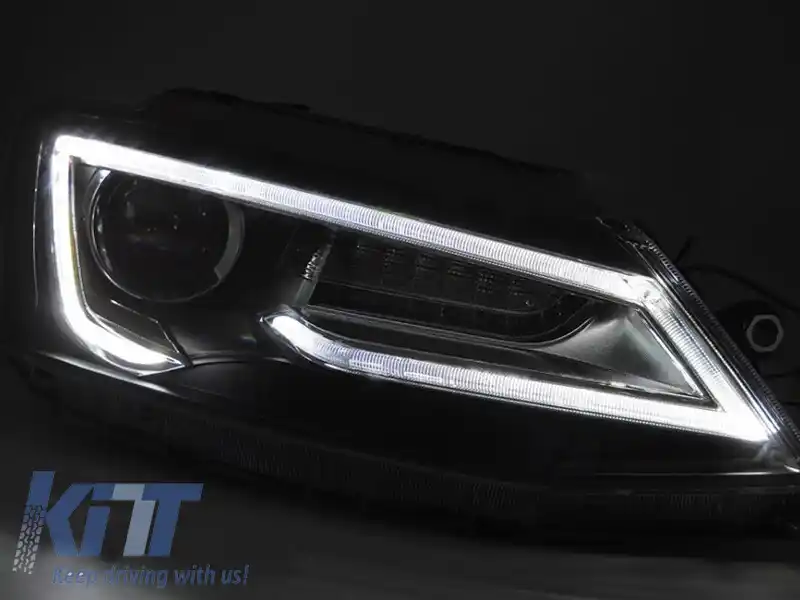 Set de faruri LED de tuning potrivit pentru Volkswagen Jetta 2011-2018 cu bază neagră, pentru modelul cu lumini halogen din fabrică, cu semnale de întoarcere dinamice, stânga și dreapta-image-6238785