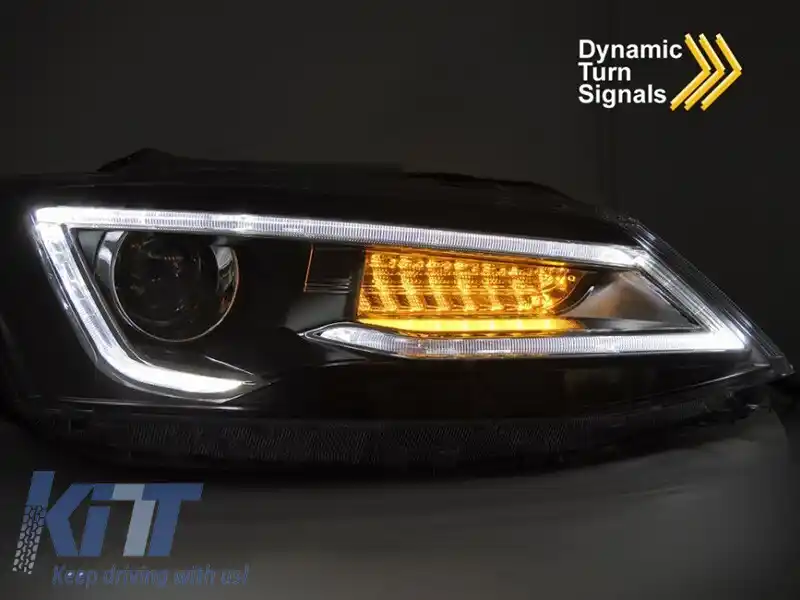 Set de faruri LED de tuning potrivit pentru Volkswagen Jetta 2011-2018 cu bază neagră, pentru modelul cu lumini halogen din fabrică, cu semnale de întoarcere dinamice, stânga și dreapta-image-6238786