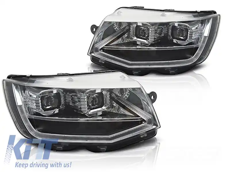 Set de faruri LED de tuning potrivit pentru Volkswagen T6 2015-2019 cu bază neagră, pentru modelul cu lumini DRL din fabrică, stânga și dreapta