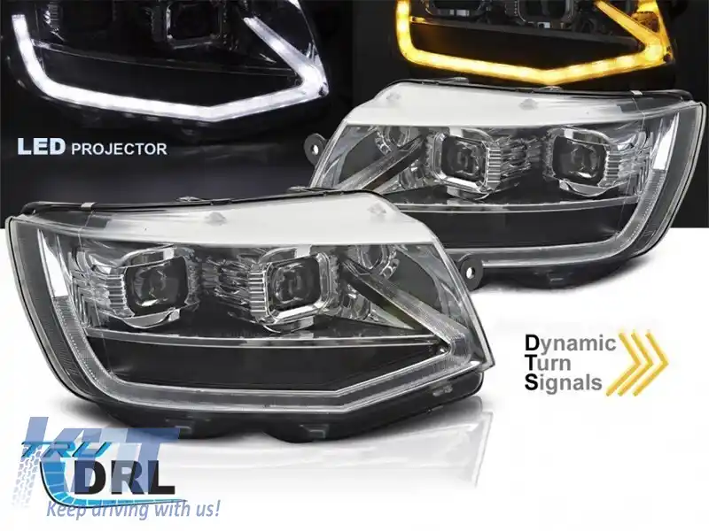 Set de faruri LED de tuning potrivit pentru Volkswagen T6 2015-2019 cu bază neagră, pentru modelul cu lumini DRL din fabrică, stânga și dreapta-image-6238789