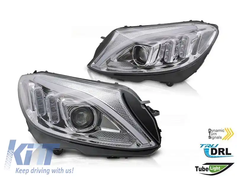 Set de faruri LED potrivit pentru Mercedes C-Class W205 2014-2018 cu bază cromată, stânga și dreapta, pentru modelul cu faruri halogen standard