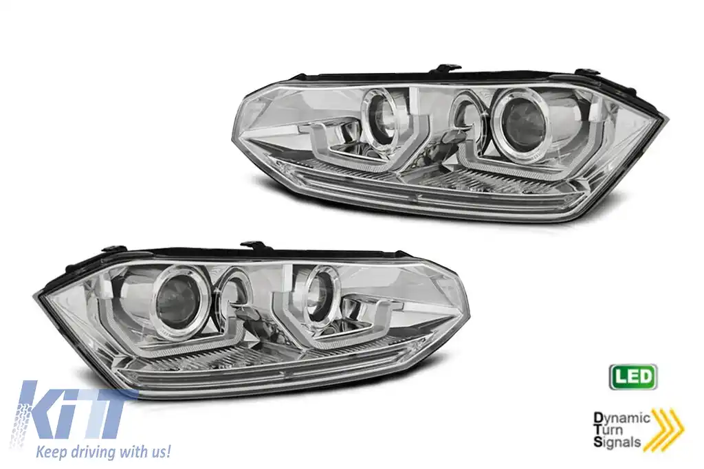 Set de faruri LED potrivit pentru VW Polo după 2017, bază cromată, stânga și dreapta