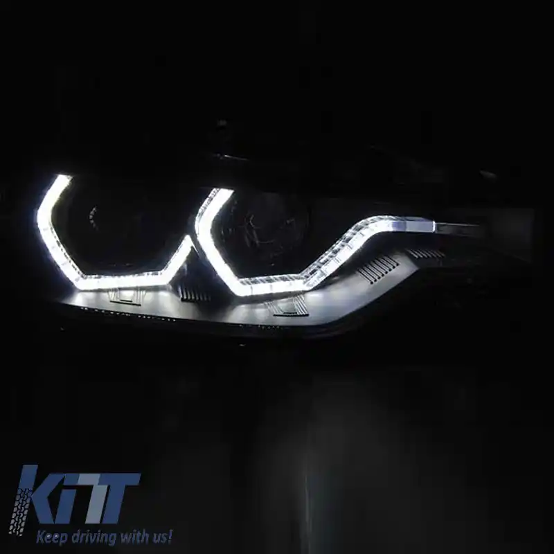 Set de Faruri Potrivit pentru BMW 3 F30 / F31 11-15 3D Angel Eyes Negru H7/H7 cu Motor Sonar-image-6301836