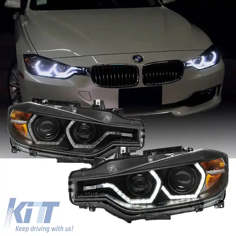 Set de Faruri Potrivit pentru BMW 3 F30 / F31 11-15 3D Angel Eyes Negru H7/H7 cu Motor Sonar-image-6301843