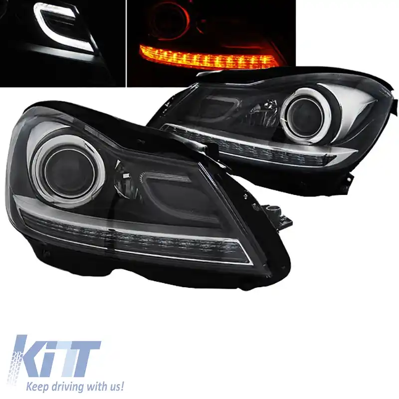 Set de Faruri Potrivit pentru Mercedes-Benz C-Class W204 11-14 DRL & Semnal Led Negru H7 cu Motor-image-6306387