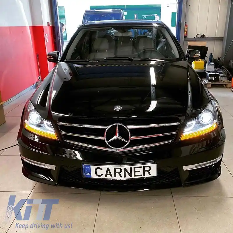 Set de Faruri Potrivit pentru Mercedes-Benz C-Class W204 11-14 DRL & Semnal Led Negru H7 cu Motor-image-6306391