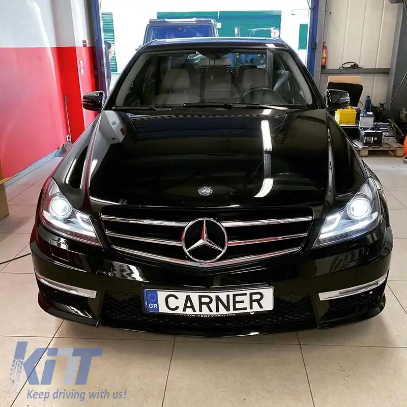 Set de Faruri Potrivit pentru Mercedes-Benz C-Class W204 11-14 DRL & Semnal Led Negru H7 cu Motor-image-6306392