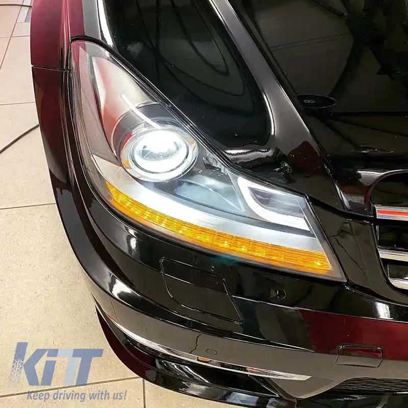 Set de Faruri Potrivit pentru Mercedes-Benz C-Class W204 11-14 DRL & Semnal Led Negru H7 cu Motor-image-6306395