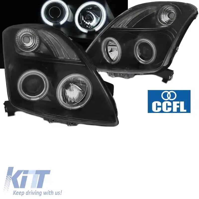 Set de Faruri Potrivit pentru Suzuki Swift 05-10 CCFL Angel Eyes Negru H1/H1 Sonar-image-6290617