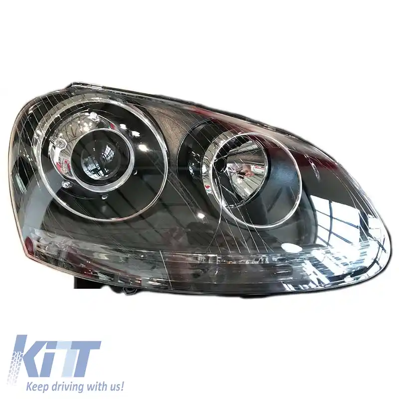 Set de faruri potrivit pentru VW Golf V (5) 03-08 Proiectoare GTI / R32 Look Negru H7/H7 Cu Motor & E-Mark Carner-image-6289941