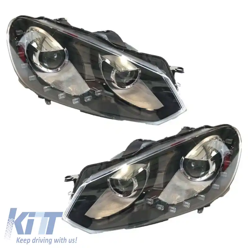 Set de faruri potrivit pentru VW Golf VI (6) 08-12 DRL GTI /R20 Look Negru H7/H7 cu Motor Carner-image-6290029