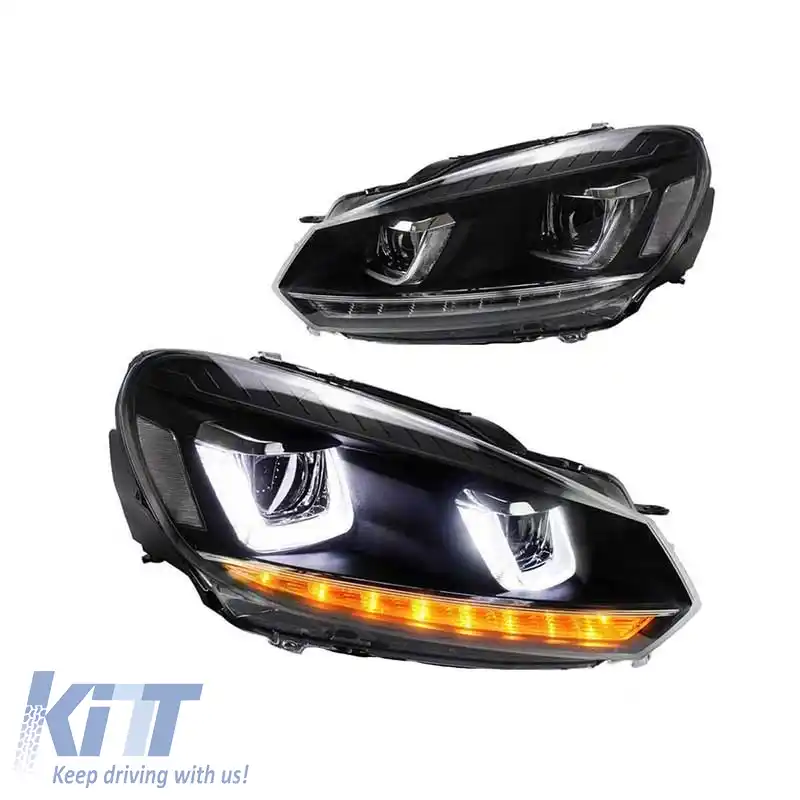 Set de faruri potrivit pentru VW Golf VI (6) 08-12 DRL U-Type & Semnal Dinamic Negru H7/H7 Cu Motor VLand-image-6294321