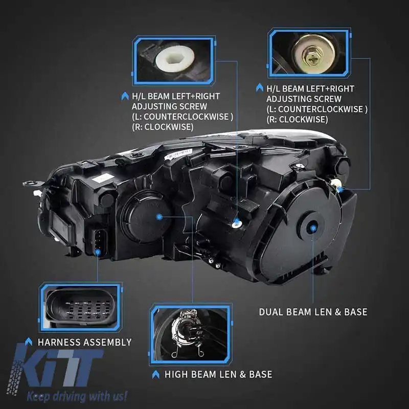 Set de faruri potrivit pentru VW Golf VI (6) 08-12 DRL U-Type & Semnal Dinamic Negru H7/H7 Cu Motor VLand-image-6294324