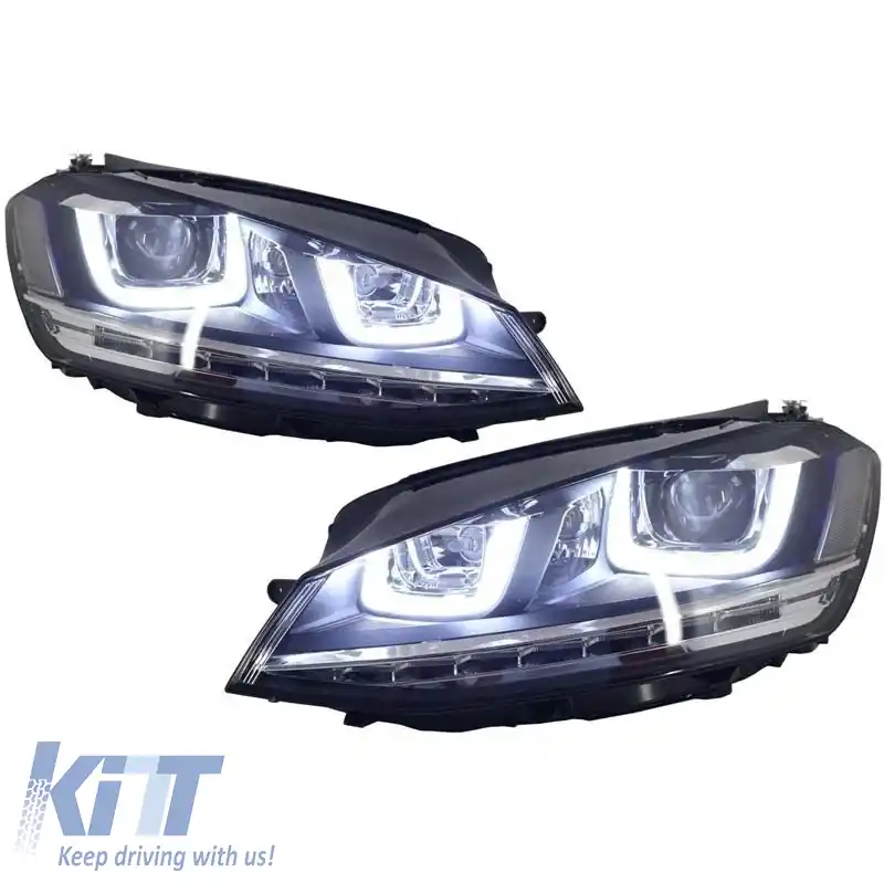 Set de faruri potrivit pentru VW Golf VII (7) 12-17 U-Type DRL & Semnal LED Dinamic GTI R-Line Look Negru H7/H7 Cu Motor Carner-image-6290704