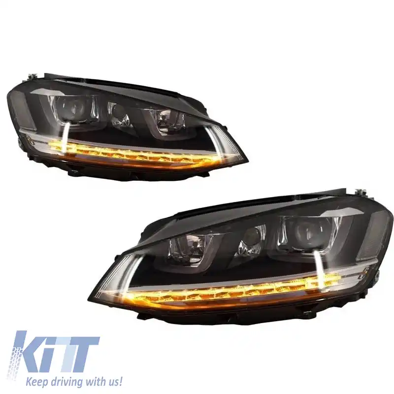 Set de faruri potrivit pentru VW Golf VII (7) 12-17 U-Type DRL & Semnal LED Dinamic GTI R-Line Look Negru H7/H7 Cu Motor Carner-image-6290705