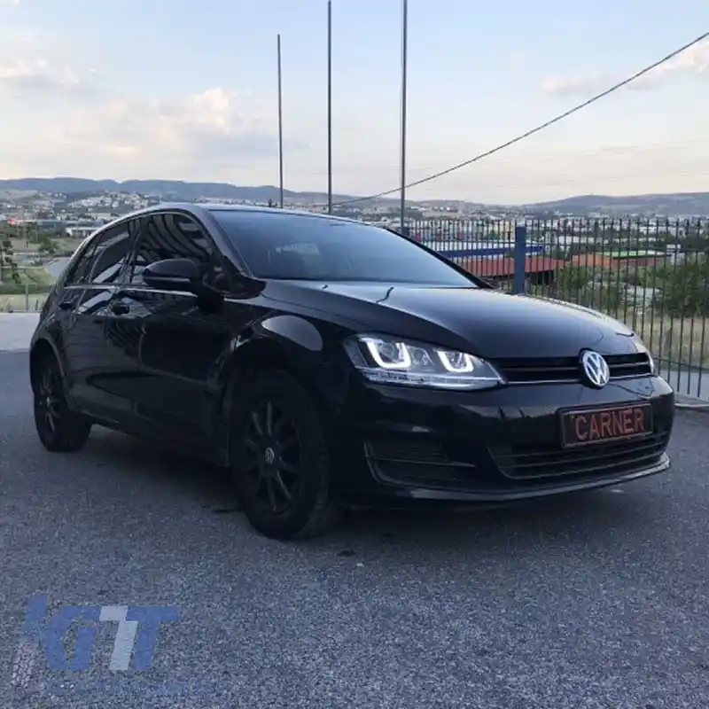Set de faruri potrivit pentru VW Golf VII (7) 12-17 U-Type DRL & Semnal LED Dinamic GTI R-Line Look Negru H7/H7 Cu Motor Carner-image-6290709