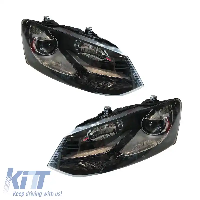 Set de faruri potrivit pentru VW Polo 6R/6C 09-17 DRL GTI R-Look Negru/Linie Argintie H7/H7 cu Motor Carner-image-6289982