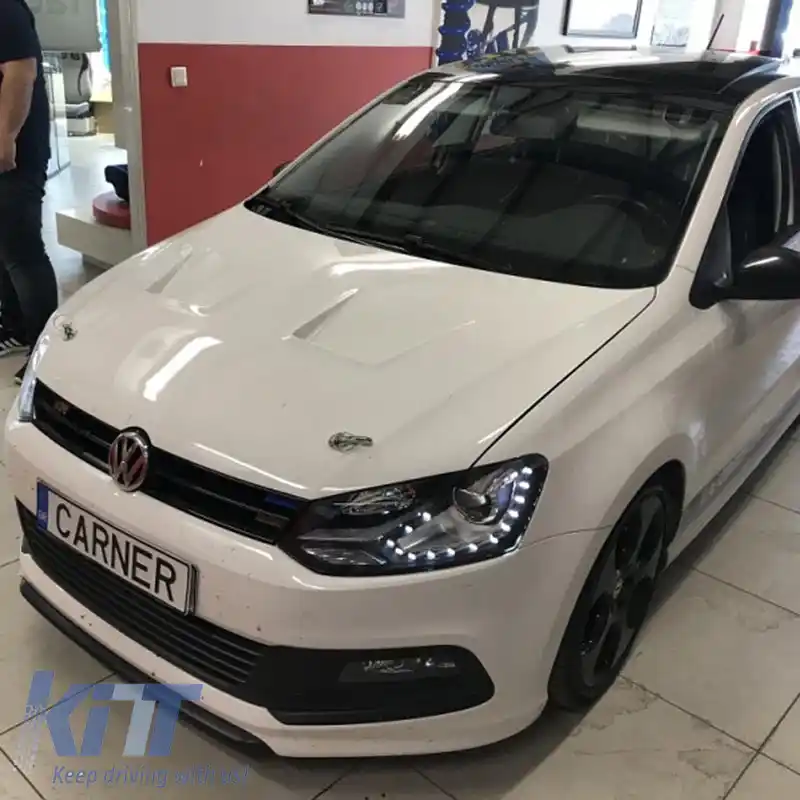 Set de faruri potrivit pentru VW Polo 6R/6C 09-17 DRL GTI R-Look Negru/Linie Argintie H7/H7 cu Motor Carner-image-6289990