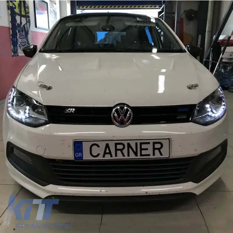 Set de faruri potrivit pentru VW Polo 6R/6C 09-17 DRL GTI R-Look Negru/Linie Argintie H7/H7 cu Motor Carner-image-6289991