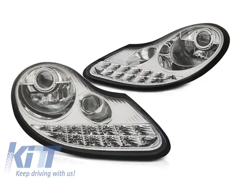 Set de faruri tuning cu DRL potrivit pentru Porsche Boxster 986, 911 Carrera 996 1996-2001 cu bază cromată, stânga și dreapta