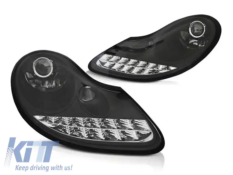 Set de faruri tuning cu DRL potrivit pentru Porsche Boxster 986, 911 Carrera 996 1996-2001 cu bază neagră, stânga și dreapta