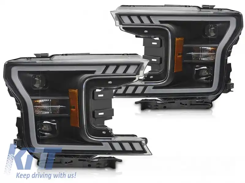 Set de faruri tuning cu lumină LED potrivit pentru Ford F150 2017-2020 cu bază neagră, cu semnale de direcție dinamice, stânga și dreapta