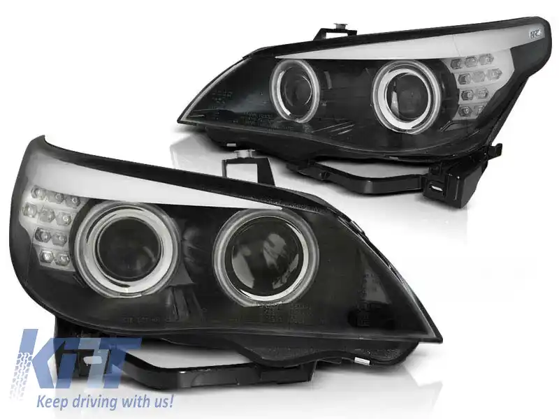 Set de faruri tuning cu ochi de înger CCFL, potrivit pentru BMW E60/E61 2003-2007, stânga și dreapta