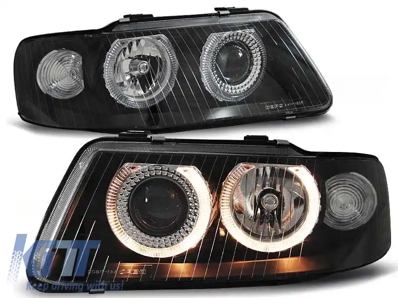 Set de faruri tuning cu ochi de înger halogen potrivit pentru Audi A3 09.2000-05.2003, stânga și dreapta