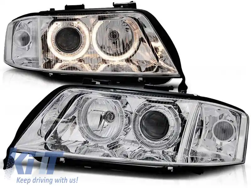 Set de faruri tuning cu ochi de înger halogen, potrivit pentru Audi A6 C5 06.2001-05.2004 sedan/combinate, stânga și dreapta