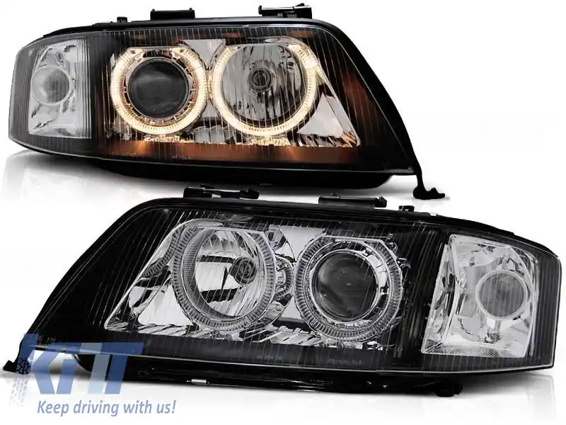 Set de faruri tuning cu ochi de înger halogen potrivit pentru Audi A6 C5 06.2001-05.2004 sedan/combinate, stânga și dreapta