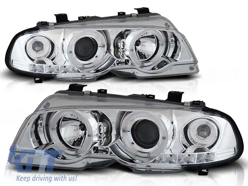 Set de faruri tuning cu ochi de înger halogen potrivit pentru BMW 3 E46 04.1999-03.2003 coupe/cabriolet, stânga și dreapta