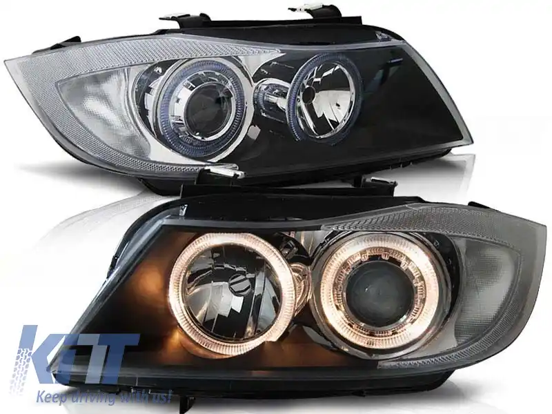 Set de faruri tuning cu ochi de înger halogen, potrivit pentru BMW 3 E90/E91 03.2005-08.2008, stânga și dreapta