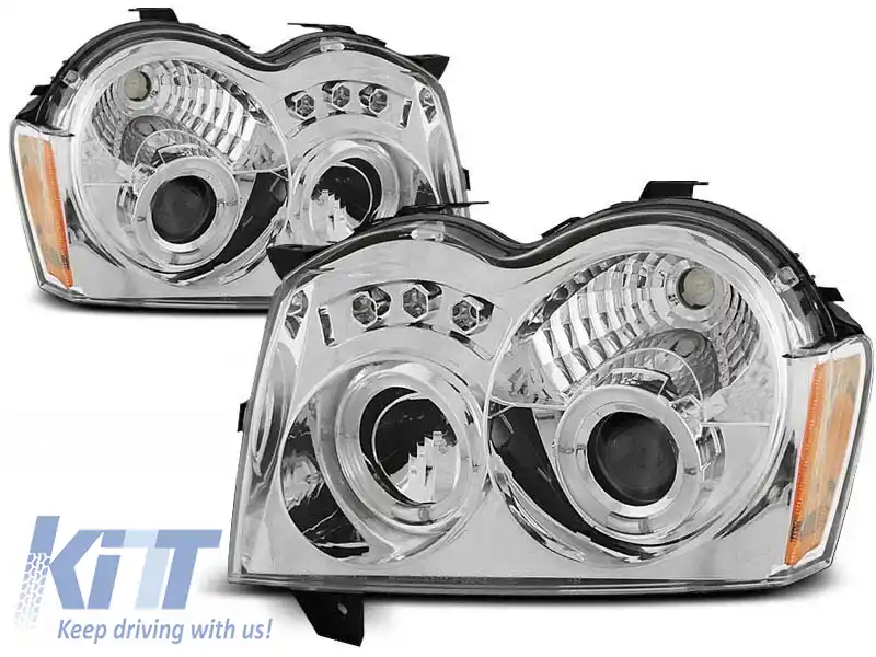 Set de faruri tuning cu ochi de înger halogen potrivit pentru Chrysler JEEP GRAND CHEROKEE 2005-2008, stânga și dreapta