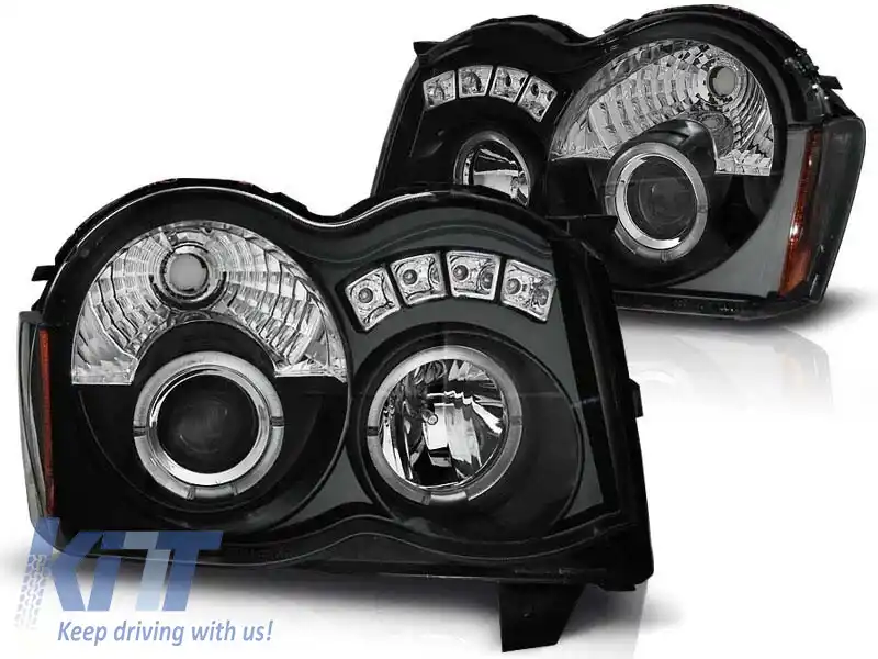 Set de faruri tuning cu ochi de înger halogen potrivit pentru Chrysler JEEP GRAND CHEROKEE 2008-2010, stânga și dreapta