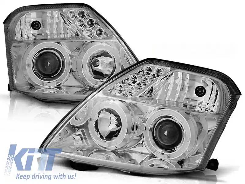 Set de faruri tuning cu ochi de înger halogen potrivit pentru Citroen C2 09.2003-2010, stânga și dreapta