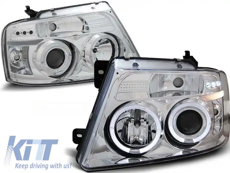 Set de faruri tuning cu ochi de înger halogen potrivit pentru Ford F150 MK 11 2004-2008, stânga și dreapta