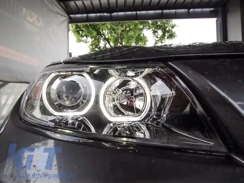 Set de faruri tuning cu ochi de înger LED, potrivit pentru BMW 3 E90/E91 03.2005-08.2008, stânga și dreapta-image-6152479