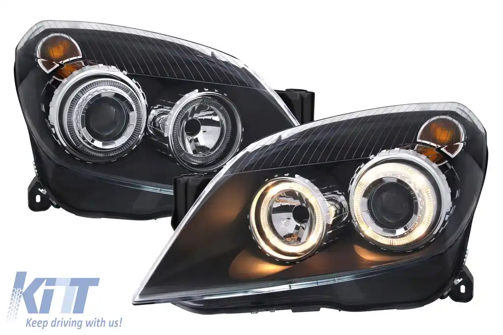 Set de faruri tuning cu ochi de înger potrivit pentru Opel Astra H 2004-2009 sedan, break cu bază neagră, stânga și dreapta
